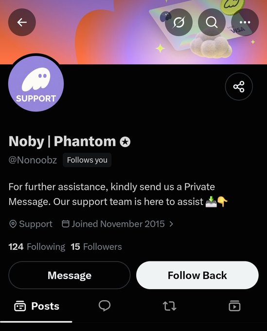 A Twitter/X profile screenshot for an account named 'Noby | Phantom' (@Nonoobz) marked as a 'Support' account with the bio: 'For further assistance, kindly send us a Private Message. Our support team is here to assist', showing 124 Following and 15 Followers.