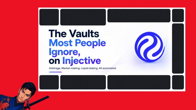 A red-themed promotional banner for 'The Vaults Most People Ignore, on Injective,' highlighting arbitrage, market-making, and liquid staking features, with an animated figure in the corner.