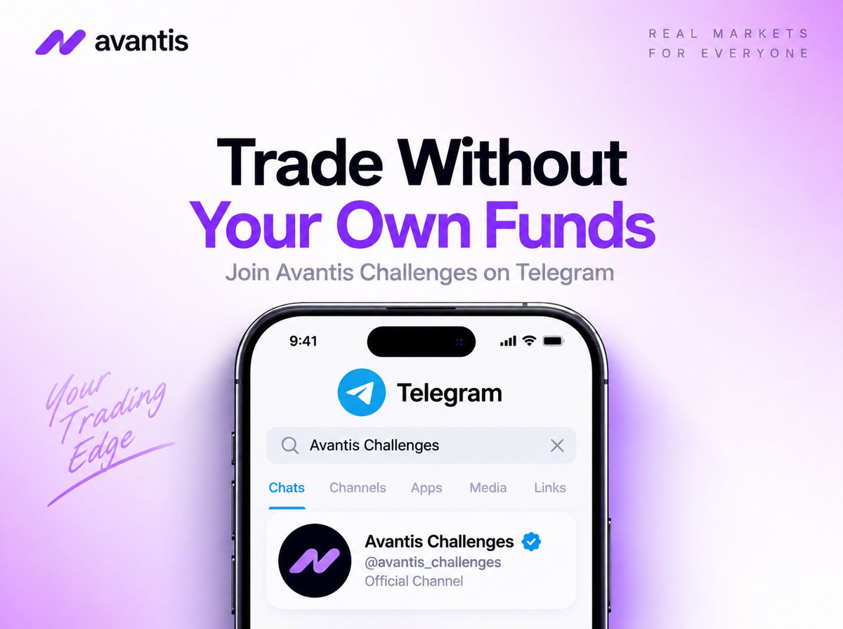 An advertisement for 'avantis' with the tagline 'REAL MARKETS FOR EVERYONE' promotes 'Trade Without Your Own Funds' through their Avantis Challenges Telegram channel.