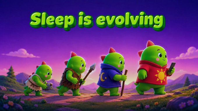 A whimsical illustration titled 'Sleep is evolving' shows four green creatures progressing from primitive to modern attire, with the final one looking at a phone.