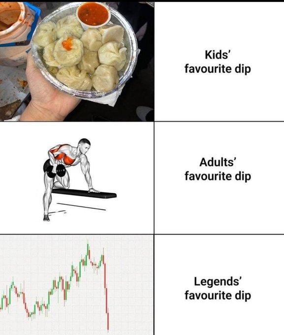 The image is a three-panel meme showing different "favourite dips": kids enjoy food dipped in sauce (dumplings with red dipping sauce), adults prefer sex ("adults' favourite dip" shows a figure bending over a bed), and legends suffer the market crash shown by a steep red downward line on a stock chart (the "dip" being a stock market dip).