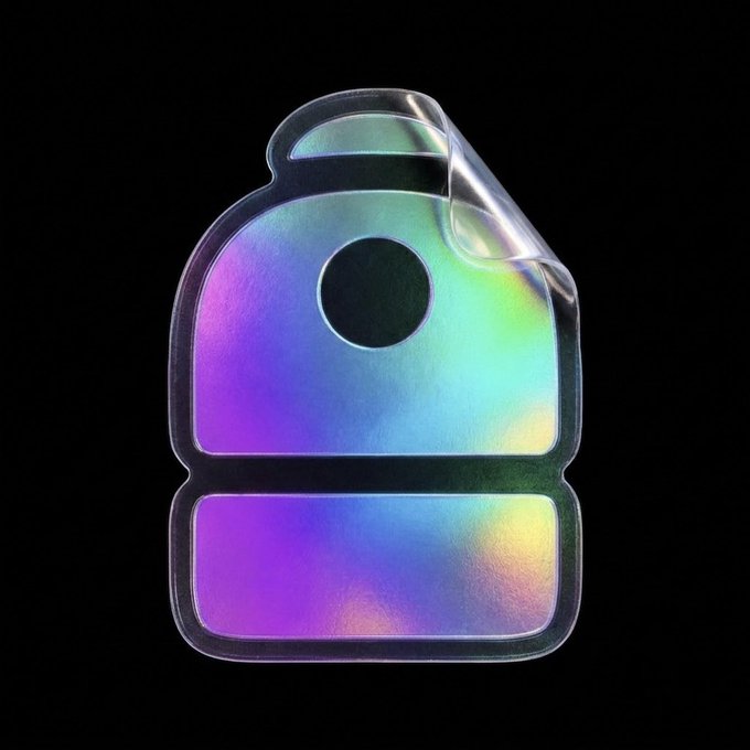 A holographic, iridescent icon resembling a backpack or cookie shape with a peeled corner sticker, displayed against a black background.
