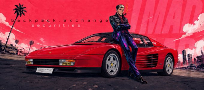 An anime-style illustration of a man in a purple suit smoking a pipe and leaning against a red Ferrari Testarossa, with "backpack.exchange securities" text and palm trees in the background.