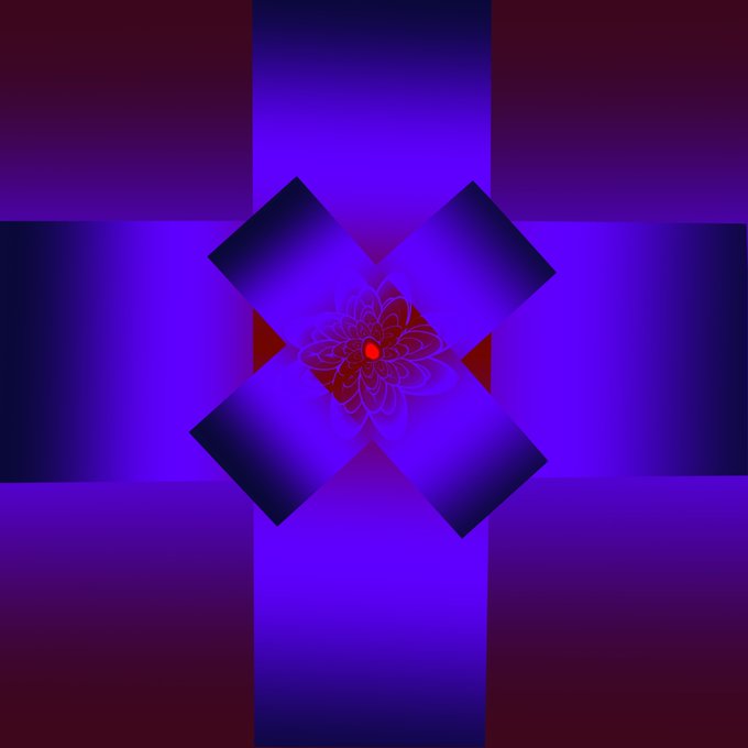 An abstract digital artwork featuring a symmetrical geometric pattern in shades of purple, blue, and dark red, with a central mandala-like design surrounded by overlapping diamond shapes.