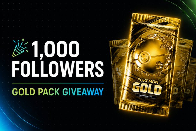 A promotional graphic advertising a '1,000 FOLLOWERS' giveaway featuring gold Pokemon Gold booster packs.
