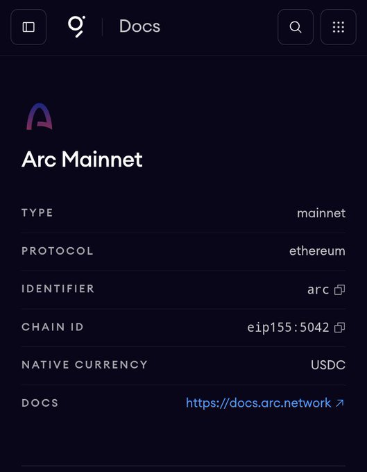 A dark-themed webpage showing information for 'Arc Mainnet', identifying it as type mainnet, protocol ethereum, chain ID eip155:5042, with native currency USDC, and a link to docs.arc.network.