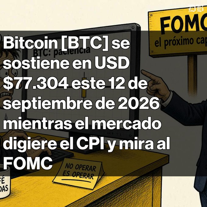 Spanish-language crypto post stating: 'Bitcoin [BTC] se sostiene en USD $77.304 este 12 de septiembre de 2026 mientras el mercado digiere el CPI y mira al FOMC.'