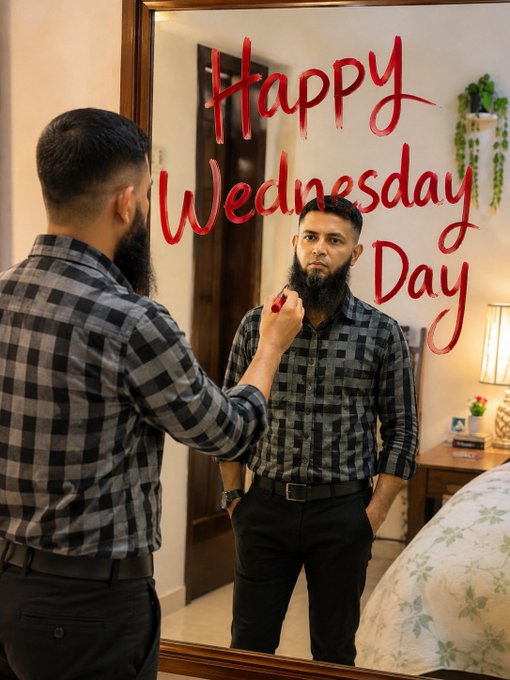 A bearded man in a checkered shirt writes 'Happy Wednesday Day' in red on a mirror, his reflection visible as he stands in a bedroom.