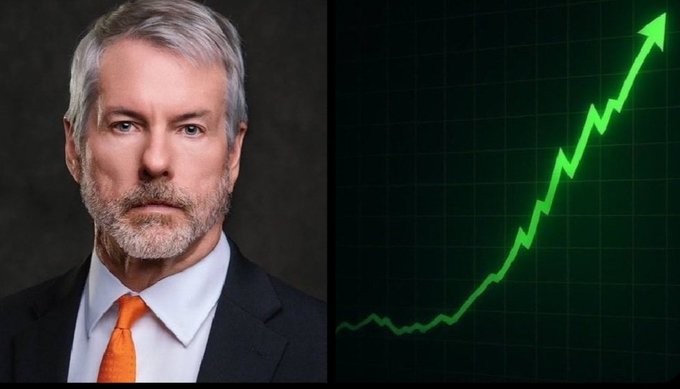 The image features two profiles of a man, one with an orange tie, against a grey backdrop. Below the profile pictures are statistics about Bitcoin's price rise from $17K in 2020 to over $126K currently, with a graph showing the increase in value. Strategy also includes some text below the graphs that says "HISTORICAL SIGNAL? The last time Michael Saylor’s company sold Bitcoin was in late 2022, near the cycle bottom when BTC was trading around 
 $17K. Since then, Bitcoin climbed to a new all-time high above 
 $126K." This suggests that there is some historical context and a possible trend observed in the image related to the cryptocurrency market or Bitcoin prices.