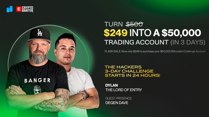 The image features two men standing side by side, both dressed similar fashion with black t-shirts and baseball caps. They are positioned against a green backdrop that features white text on it. The words "BANGER" and "DYLAN" can be seen in the image as well. On the right side of this background, there is an advertisement for a trading challenge, indicating that these men may participate or have participated in such an event before.