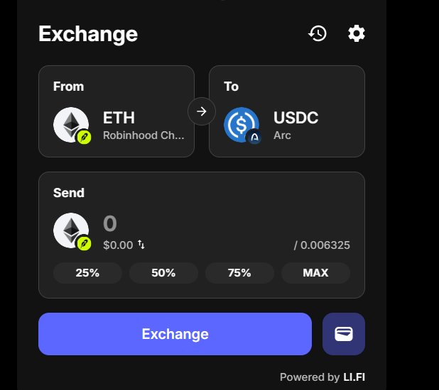 Cryptocurrency exchange interface powered by LI.FI for swapping ETH (Robinhood Chain) to USDC (Arc), showing a 'Send 0' amount field and 'Exchange' button.