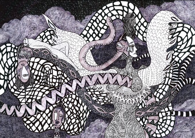 A black and white surreal illustration filled with intricate patterns depicting various animals like snakes, a ram, and fish interwoven together in a complex, dreamlike composition.
