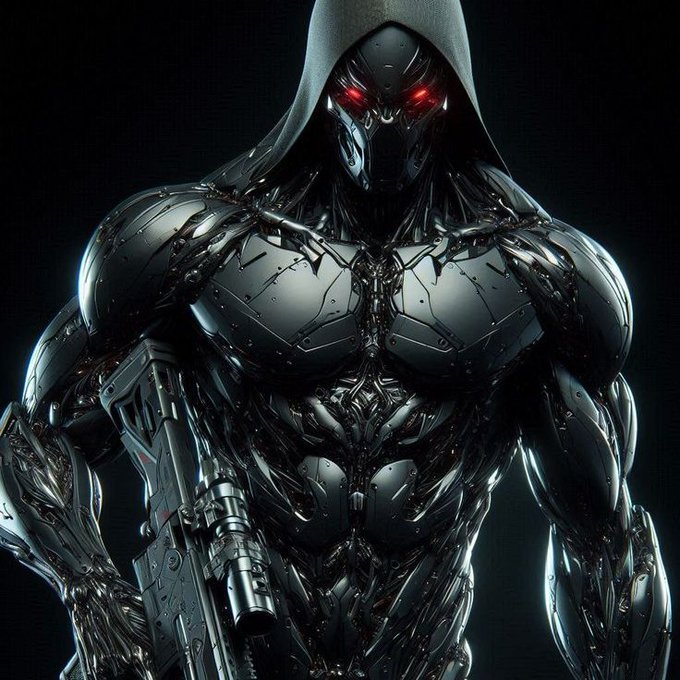 A hooded, cybernetically enhanced figure with glowing red eyes and armored metallic plating holds a futuristic weapon against a dark background. The image embodies the post's message of resilient builders staying armed and vigilant during market downturns, ready to forge real projects while others retreat.