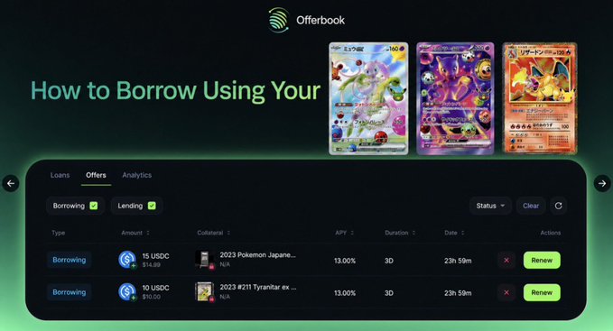 The image shows a website for Offbook that allows users to borrow Pókemon cards as collateral for USDC transactions. There are three Pókemons displayed, with one being a Pokemon card featuring an orange and purple character. The web page layout features a list of available options for lending money using TGC cards and the amount required. A button on the left side is labeled "Offbook" while another button can be found at the top-right corner. These buttons provide further details about how to use Offbook effectively, such as offering deals or setting up transactions.