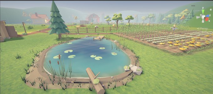 A low-poly 3D rendered farm scene featuring a pond with lily pads, a pine tree, fenced vegetable fields with yellow flowers, and farm buildings in the background.
