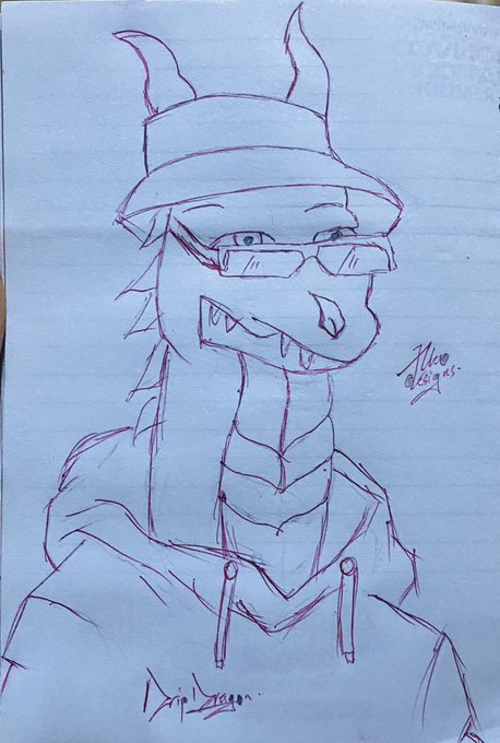 A red ink sketch on blue paper shows a dragon-like character wearing glasses and a bucket hat, signed 'Dripleagon'.
