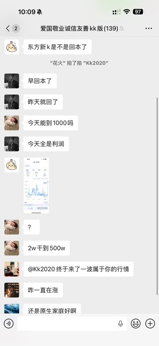 The image shows a Chinese WeChat group chat titled "爱国敬业诚信友善kk版(139)" discussing stock trading, where members mention that "KK2020" (东方新k) has returned to its original price, with one user reporting a 2W (20,000 yuan) to 500W (5 million yuan) gain as the stock rallied. The conversation reflects the post's theme of recouping funds in live trading, highlighting the group's excitement over the profitable rebound of stock KK2020.