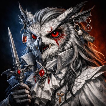 The image features a detailed illustration of an owl dressed as a man, holding a sword and wearing a white dress with red jewels. The owl has long hair and is adorned with various accessories such as a necklace and earrings. The background of the image is dark blue, which contrasts with the white owl's outfit and adds depth to the scene. The owl appears to be in a fighting stance, ready for battle or perhaps a duel.