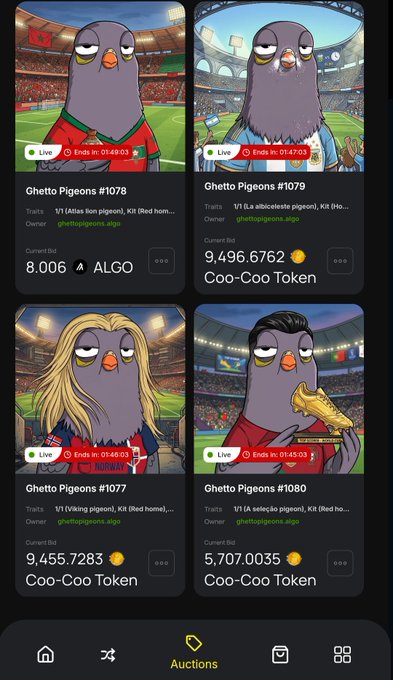 A mobile app screen displays four live auction listings for 'Ghetto Pigeons' NFTs (#1077-#1080) with bid amounts in ALGO and Coo-Coo Token.