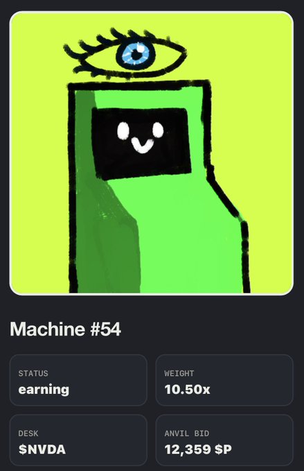 A cute green cartoon machine labeled "Machine #54" with a smiley face screen and an eye on top is shown with a status of "earning," a 10.50x weight, trading under the $NVDA desk, with an anvil bid of 12,359 SP. The image illustrates the post's celebration of achieving a 10.5x multiplier on a "happy lil guy" machine, highlighting the positive performance and optimism about the PRINTER ecosystem update.