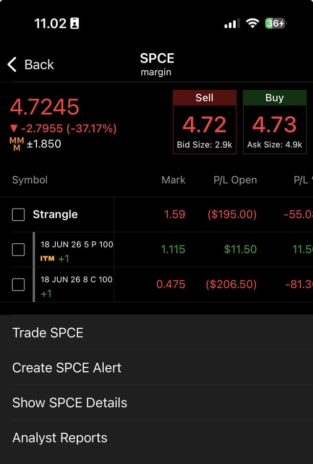 A screenshot of a phone screen with stock market data displayed, including SPCE, BID, Ask, Size and Price trends. There are two distinct price graphs: one red indicating an increase in price over time, and another green showing a decrease. The text "Let’s hope the other leg can profit before theta kill it" suggests that there might be potential gains if the price trends continue as they currently are.