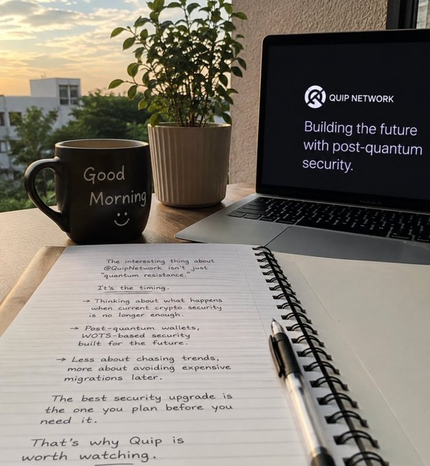 A workspace scene features a 'Good Morning' coffee mug, potted plant, and laptop displaying 'QUIP NETWORK - Building the future with post-quantum security,' alongside a handwritten notebook explaining Quip's WOTS-based post-quantum security and timing advantage in crypto.