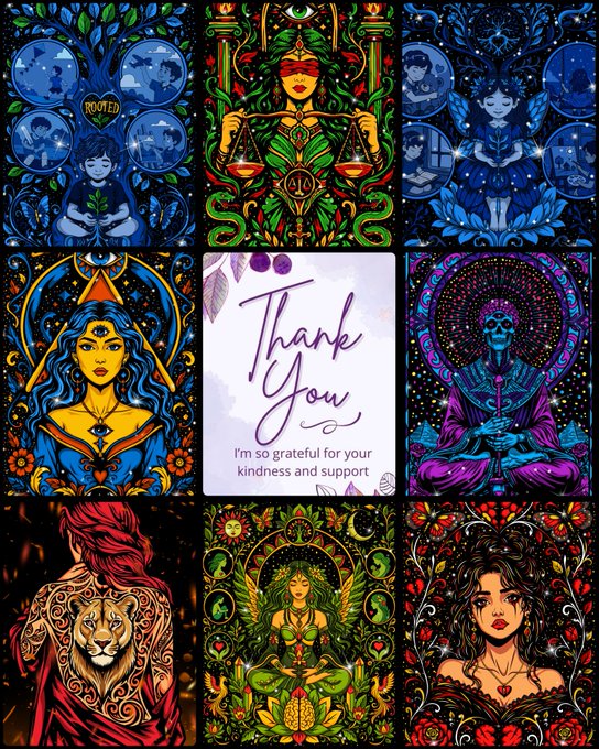 A grid of eight colorful mystical and spiritual digital artworks surrounding a central 'Thank You' card that reads 'I'm so grateful for your kindness and support', featuring various symbolic imagery including a scales of justice, a tiger, and meditating figures.