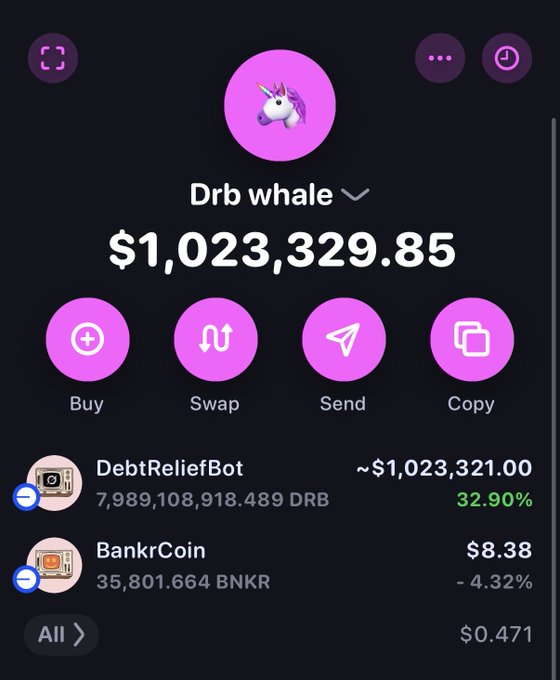 A crypto wallet portfolio screenshot titled "Drb whale" displays a total balance of $1,023,329.85, with the top holding being approximately $1,321 worth of DebtReliefBot ($DRB) tokens — specifically 7,989,108,918.489 DRB, up 32.90%, visually confirming the post's claim about the whale locking in roughly 8% of the DRB supply.