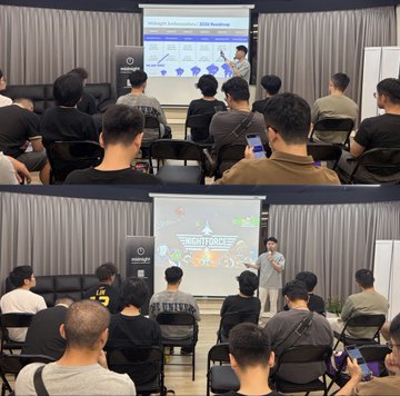Two stacked photographs of a presentation or seminar, with attendees seated facing a projection screen displaying charts and graphics, while a speaker addresses the audience from the front of the room.