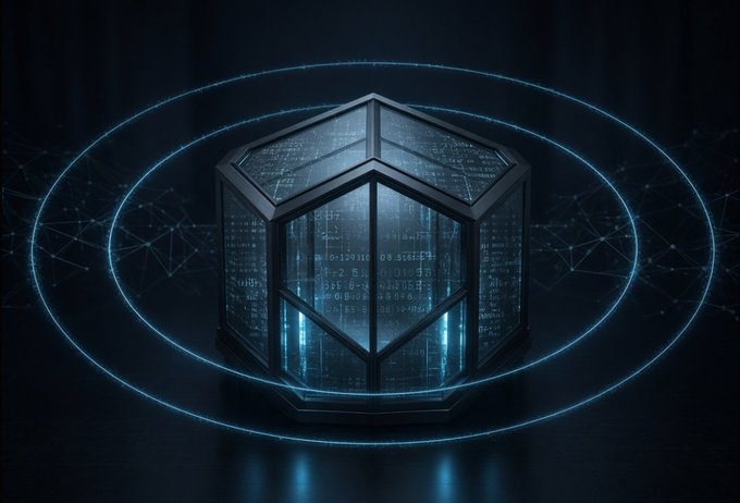 A glowing hexagonal data structure with streaming code floats within concentric blue rings against a dark background, symbolizing the tension between blockchain visibility and privacy. The image visualizes the post's theme of "verifiable finance without broadcasting" — representing the secure, contained computation needed to protect sensitive treasury data while maintaining onchain accountability.