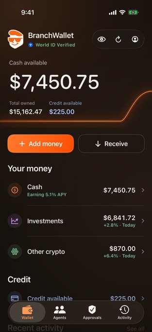 A mobile screenshot of the 'BranchWallet' app showing a 'World ID Verified' account with $7,450.75 cash available, $15,162.47 total owned, $225.00 credit available, and sections for Investments and Other crypto.