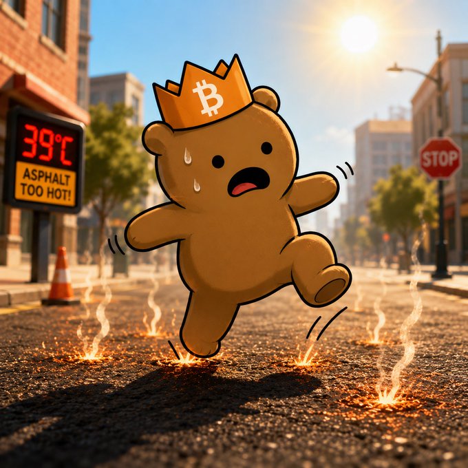 A cartoon illustration of a sweating bear character wearing a Bitcoin crown, walking barefoot on hot asphalt that appears to melt, with a sign reading '39°C ASPHALT TOO HOT!' and a stop sign in the background.