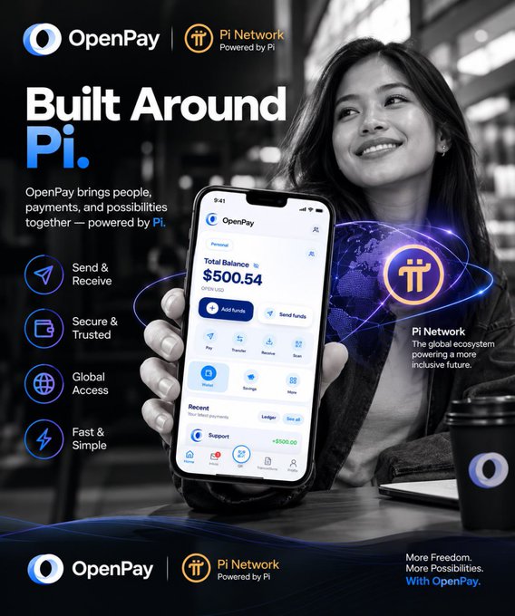 An advertisement for the OpenPay app powered by Pi Network, showing a woman holding a smartphone displaying a balance of "$500.54," with features listed including "Send & Receive" and "Fast & Simple."