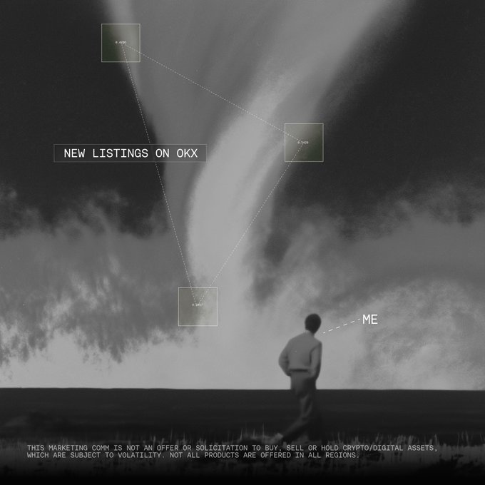 A black-and-white photo shows a person gazing at a massive tornado, with overlaid text reading "NEW LISTINGS ON OKX" alongside tickers (BTC, ETH, SOL) connected by dotted lines, and a label "ME" pointing to the figure. The image humorously frames the person as "ME" standing calmly before a chaotic storm of new crypto listings on OKX, playfully matching the "Weekend plans" caption by suggesting diving into fresh trading opportunities while chaos swirls.