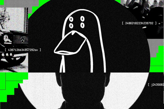 An abstract black and white graphic image featuring a stylized cartoon face or mask with two eye-like circles and a beak, set against a glitchy background with green accents and numerical codes like '[24862f8223h239792]'.