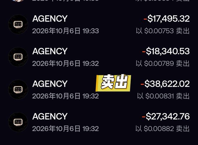 A trading transaction log in Chinese showing multiple 'AGENCY' sell orders with negative dollar amounts ranging from -$17,495.32 to -$38,622.02, dated October 6, 2026, with a '卖出' (sell) annotation.
