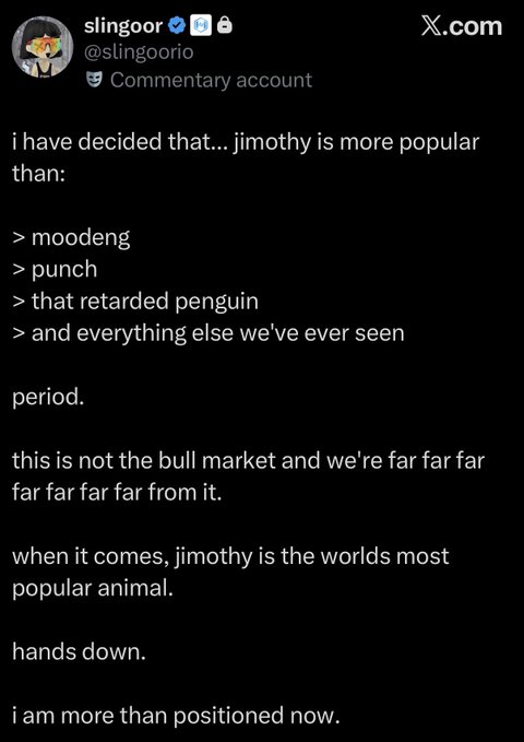 A screenshot of a tweet from @slingoorio declaring "jimothy" more popular than moodeng, punch, and "that retarded penguin," while noting the current market is not a bull market and far from one. The post predicts that when a bull market arrives, jimothy will become the world's most popular animal, aligning with the caption's theme of jimothy's organic success during a sluggish memecoin market.