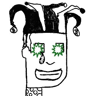 A black and white sketch/doodle of a character wearing a jester hat with bells, featuring star-shaped eyes and a wide smiling mouth, drawn in a simple cartoon style.