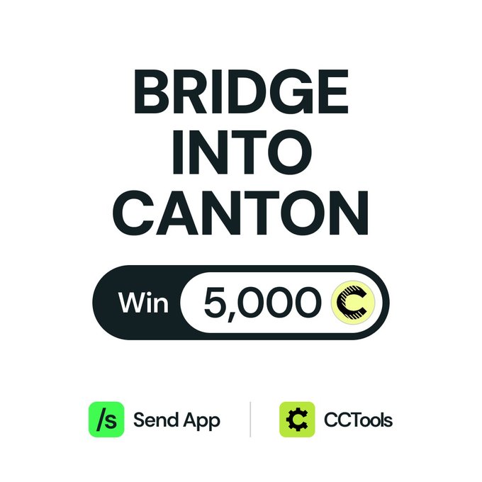 The image features a black and white poster with text that reads "Bridge into Canton" and "Win 5,000 $CC Complete the tasks on: cctools.network/earn/send-brid". The poster also includes three icons representing different apps or services related to the post's content. These icons are green (apples), yellow (cantons), and black (bridge). The text in the image suggests that there is a contest, possibly for an app called "CC Tools", where participants need to complete tasks on this app to win 5,000 $CC.