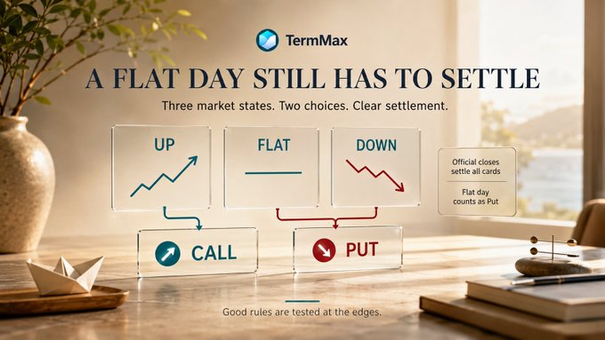A digital infographic titled "A FLAT DAY STILL HAS TO SETTLE" by TermMax explains trading rules, showing that an UP market results in a CALL, while FLAT and DOWN markets result in a PUT.