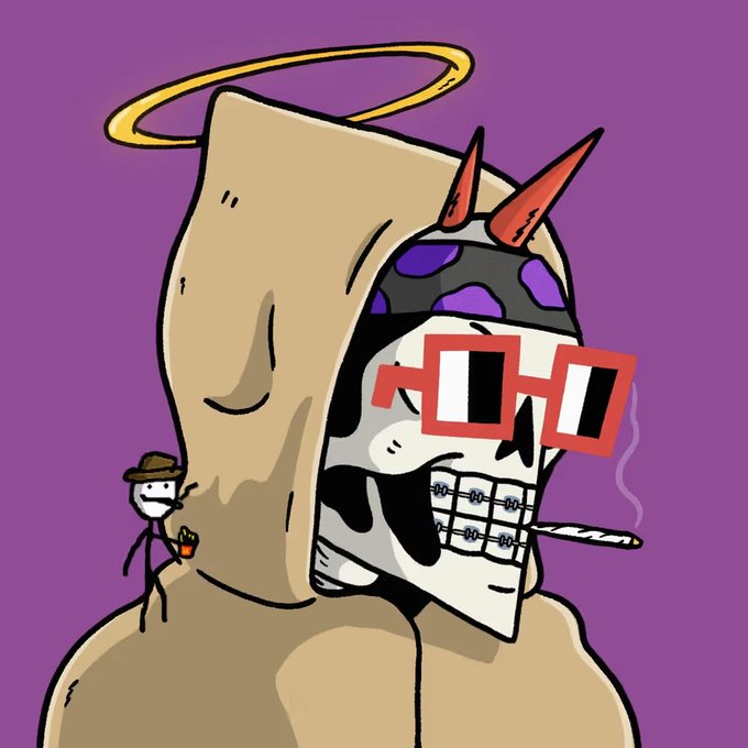 A cartoon illustration featuring a hooded skull character wearing red glasses, a bandana with purple spots, red devil horns, and a golden halo above the hood, holding a joint in its mouth against a purple background, with a small stick figure wearing a brown hat standing on its shoulder.