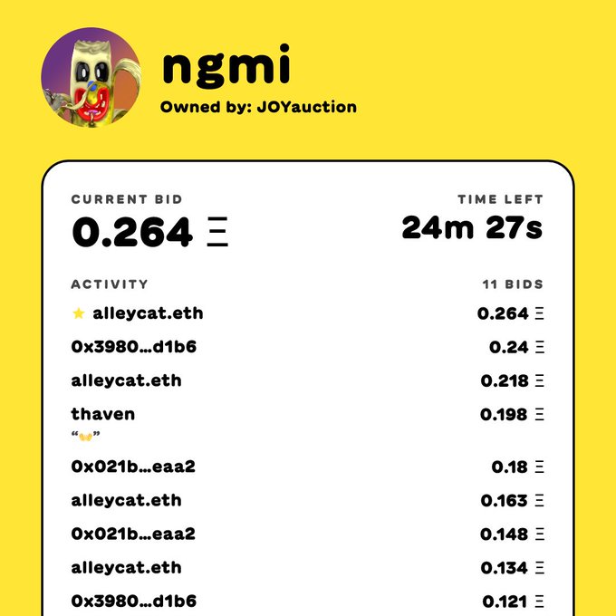A screenshot of a yellow-themed auction page for an NFT profile picture owned by JOYAUCTION with the username 'ngmi', showing a current bid of 0.264 and a time left of 24m 27s, with 11 bids listed below.