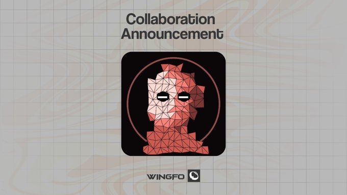 A collaboration announcement graphic featuring a geometric, polygonal red character with sunglasses inside a black frame, labeled "Collaboration Announcement" with the WINGFO logo, promoting a partnership with WizardX_0x for a generative animated NFT collection launching August 18 with 2,500 supply on Ethereum.