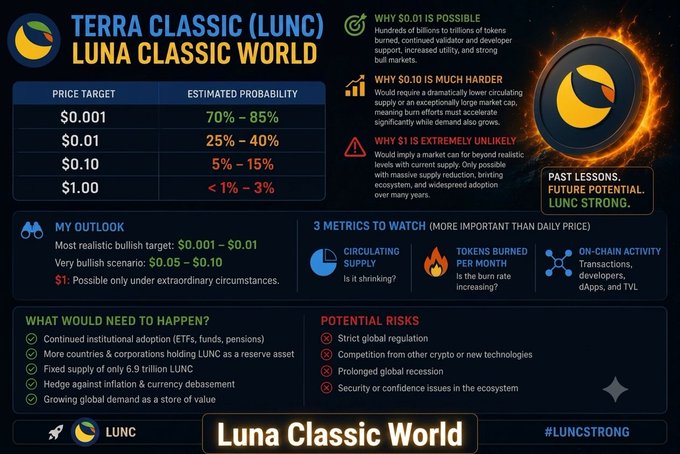 A Terra Classic (LUNC) price target infographic from "Luna Classic World" showing probability estimates: $0.001 (70-85%), $0.01 (25-40%), $0.10 (5-15%), and $1.00 (<1-3%), with key metrics on circulating supply, token burns, and on-chain activity, plus required catalysts and potential risks. The image visually reinforces the post's measured perspective on LUNC's realistic and bullish price scenarios through its tiered probability table and ecosystem-focused outlook.