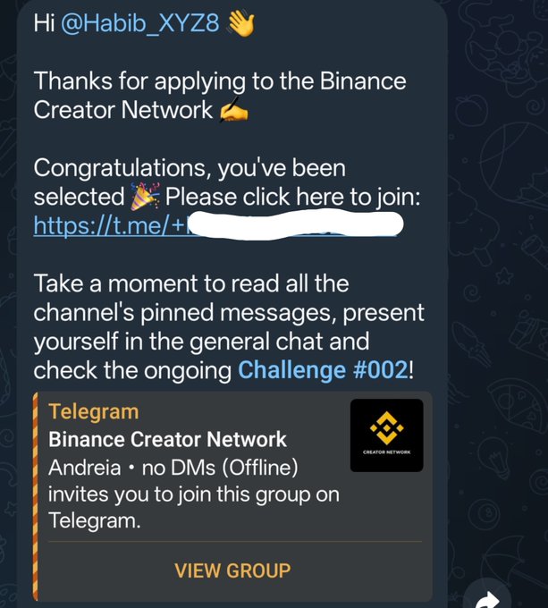 A Telegram message welcomes user @Habib_XYZ8 to the Binance Creator Network with a congratulatory note and a group invite link.
