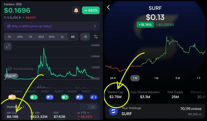 Two cryptocurrency charts side by side: Cardano (ADA) at $0.1696 down 46.62% with market cap of $6.19B, and SURF at $0.13 up 18.74% with market cap of $2.75M, both highlighted with yellow annotations.