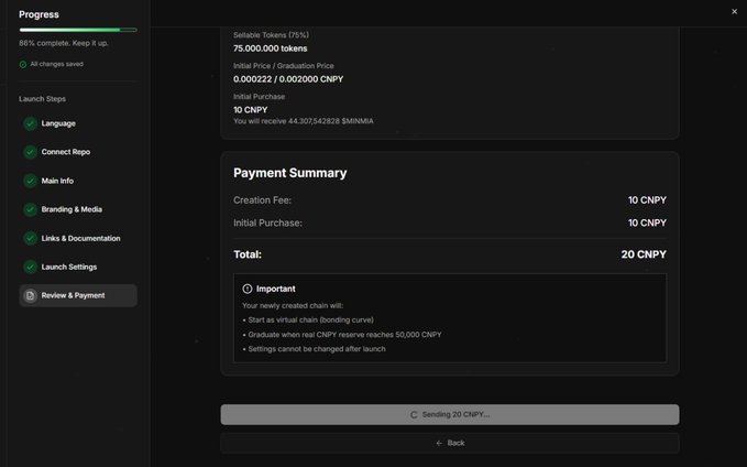 A 'Review & Payment' screen for a token launch shows 'Sellable Tokens (75%): 75,000,000 tokens' and a Total payment of 20 CNPY in progress.