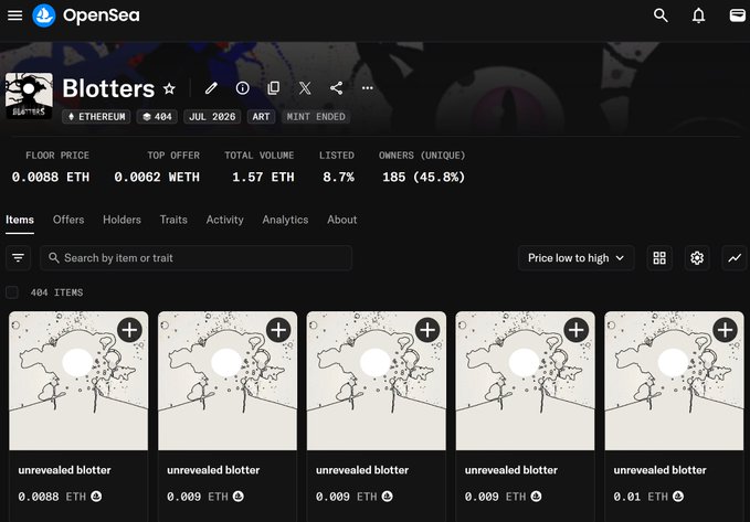 A screenshot of the OpenSea NFT marketplace showing the 'Blotters' collection on Ethereum, displaying a floor price of 0.0088 ETH, top offer of 0.0062 WETH, total volume of 1.57 ETH, with 8.7% listed and 185 unique owners (45.8%).