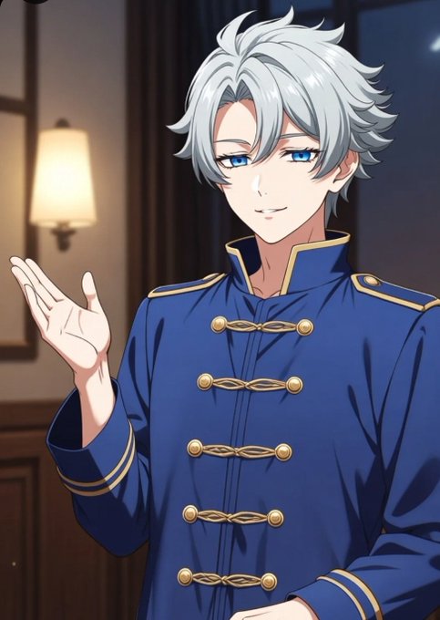 The image features a man wearing a blue uniform with gold buttons, standing next to a wall. He has short hair and is smiling at the camera while waving his hand. The background of the image shows a hallway or room with a lamp on the left side. There are no other people in the scene, making it appear as if he's alone.