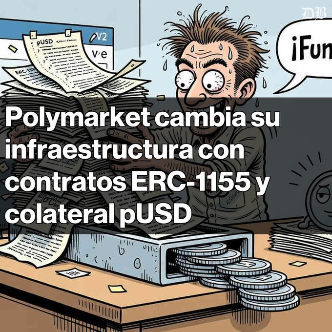 A cartoon meme showing a stressed man at a desk with stacks of papers and coins, with Spanish text reading 'Polymarket cambia su infraestructura con contratos ERC-1155 y colateral pUSD' overlaid.